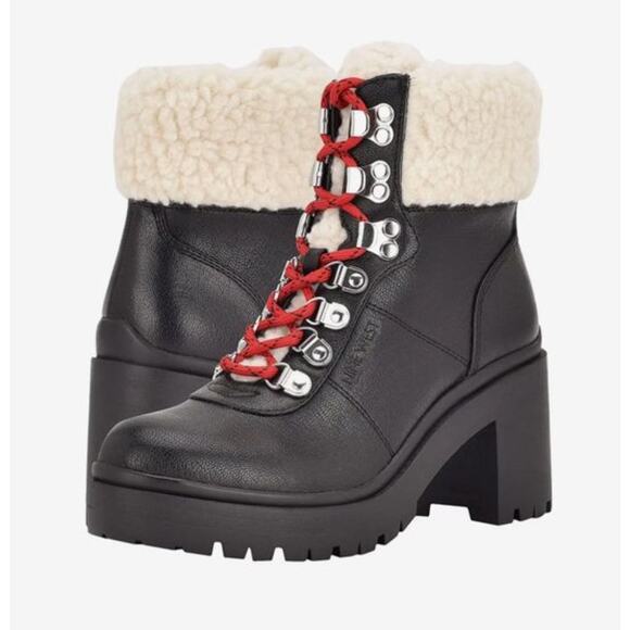 Nine West Quimbie 3‎ Heeled Sherpa Hiker Boots Leather Zip Red Laces Size 6M - Picture 1 of 9
